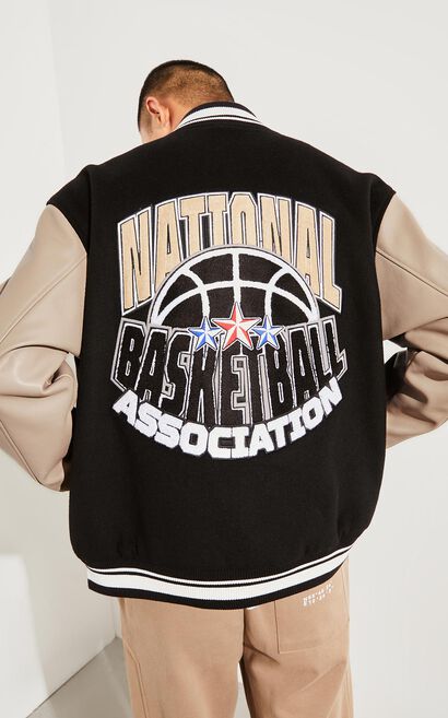 【NBA Collection】NBA聯名LOGO羊毛棒球外套, Black, large